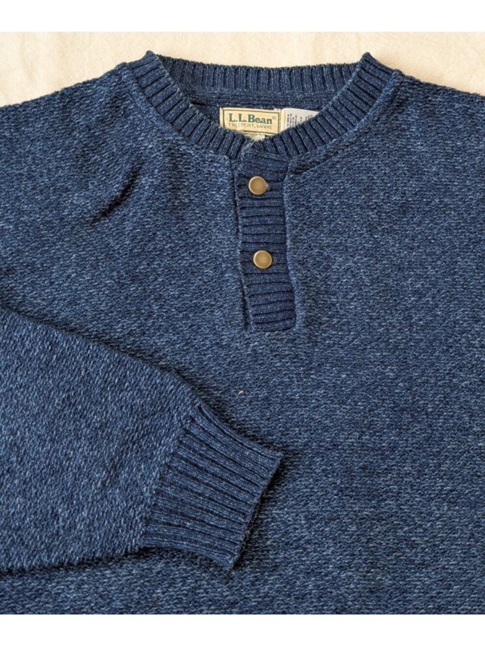 L.L Bean Vintage 80s Men's 100% Cotton Blue Knit Henley Sweater USA Made Large